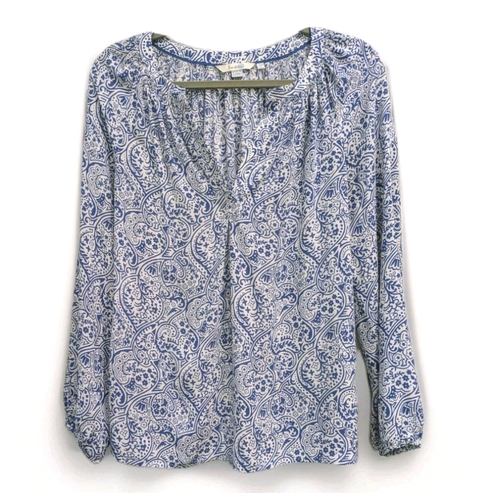 Boden Paisley Peasant Blouse Womens 4 Office Blue‎ Boho Euro Summer Long Sleeves
